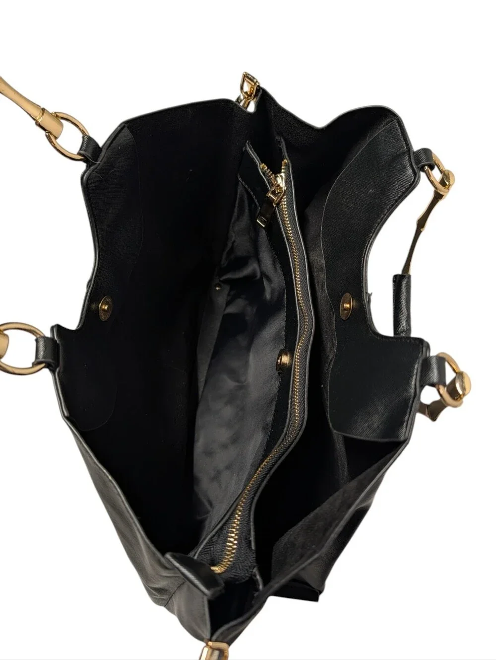 Women's Black Tote Bag Gold Bamboo Handles Structured Shoulder Bag NWOT